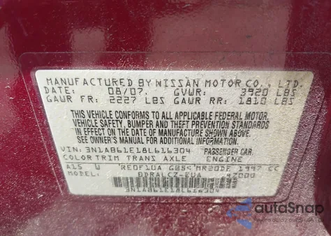 2008 Nissan Sentra 2.0 from USA, damaged, VIN 3N1AB61E18L616304
